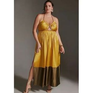 Anthropologie Silk Colorblocked Maxi Haltered Gold Dress Size: 20